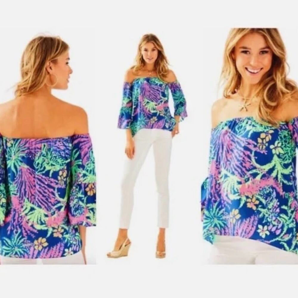 EUC Lilly Pulitzer Sanilla Silk Off the Shoulder Blouse Indigo Blue All A Glow